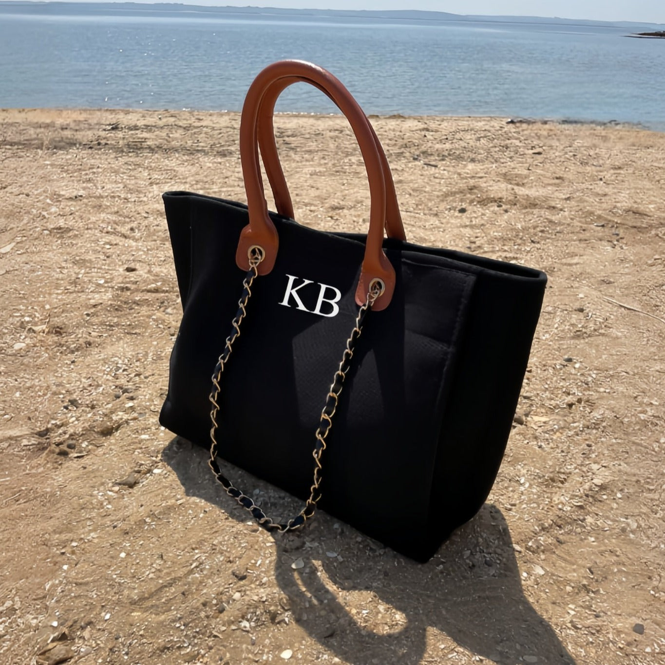 Personalised Black & Brown Large Chain Initial Tote Bags