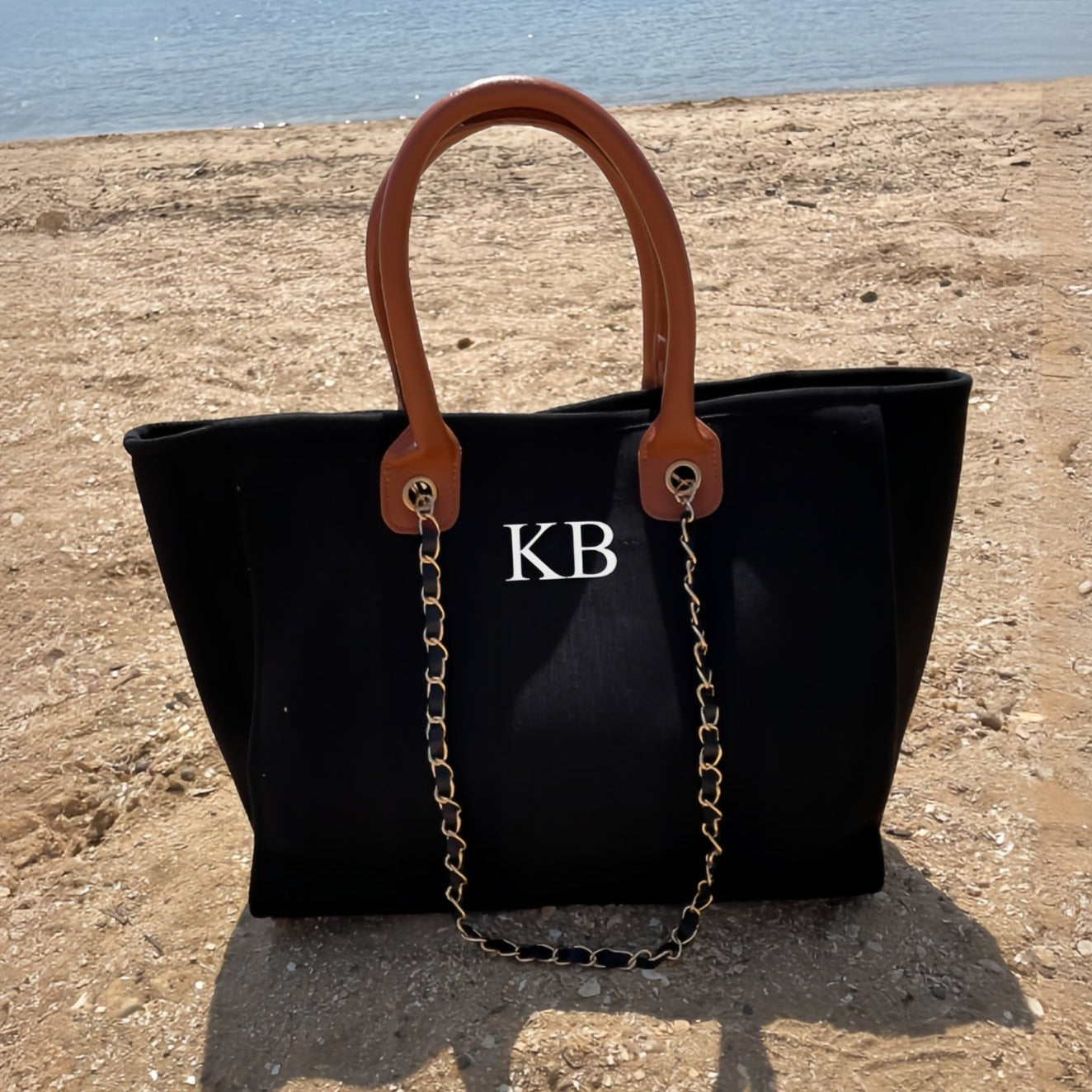 Personalised Black & Brown Large Chain Initial Tote Bags