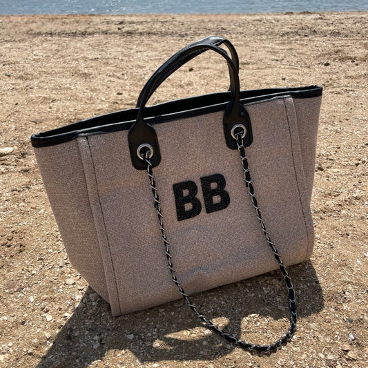 Personalised Black Crystal Large Initial Chain Tote Bags