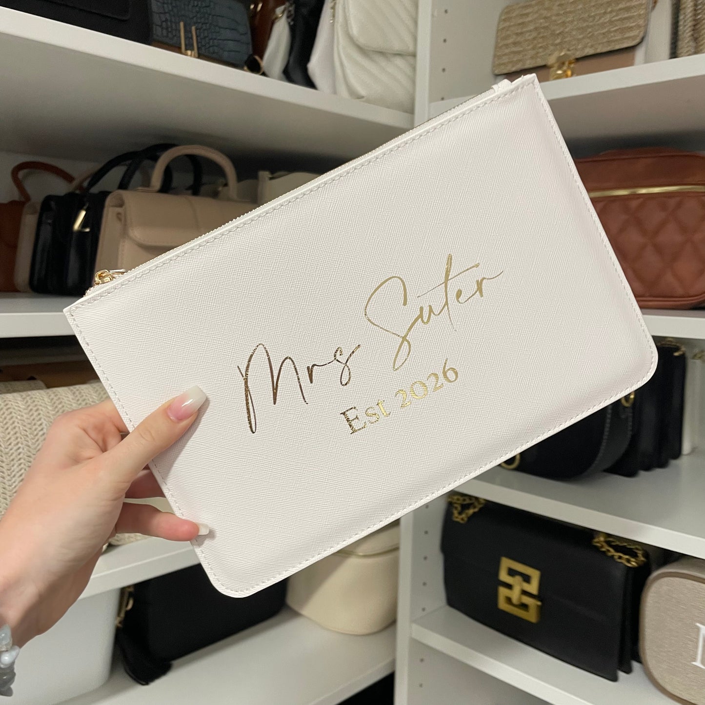 Personalised Mrs To Be Bridal Saffiano Leather Clutch Bag Zip Pouch