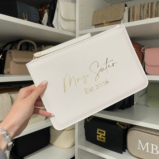 Personalised Mrs To Be Bridal Saffiano Leather Clutch Bag Zip Pouch