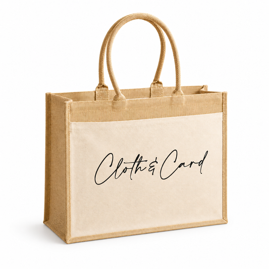 Logo printed large jute pocket tote bag with canvas pocket | Cloth'N'Card