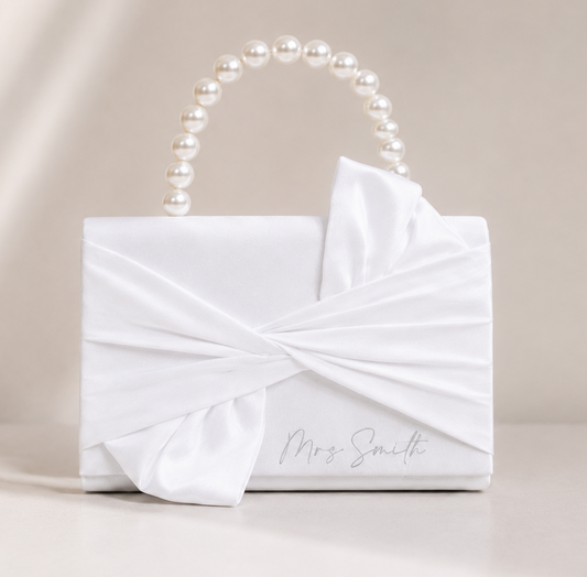 Personalised white knot pearl top handle bridal bag | Cloth'N'Card