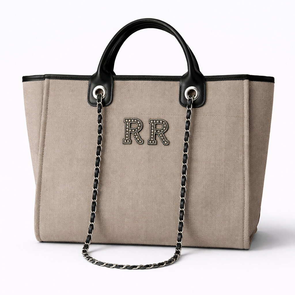 Personalised Matte Black Pearl Patch Chain Large Initial Tote Bags