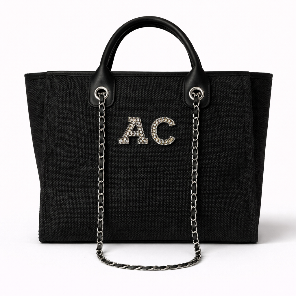 Personalised Matte Black Pearl Patch Chain Large Initial Tote Bags
