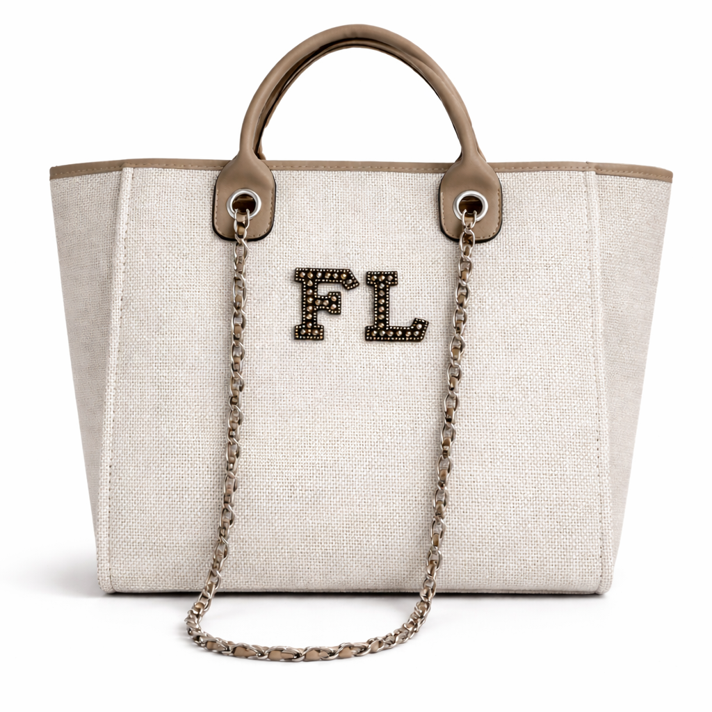 Personalised Matte Black Pearl Patch Chain Large Initial Tote Bags