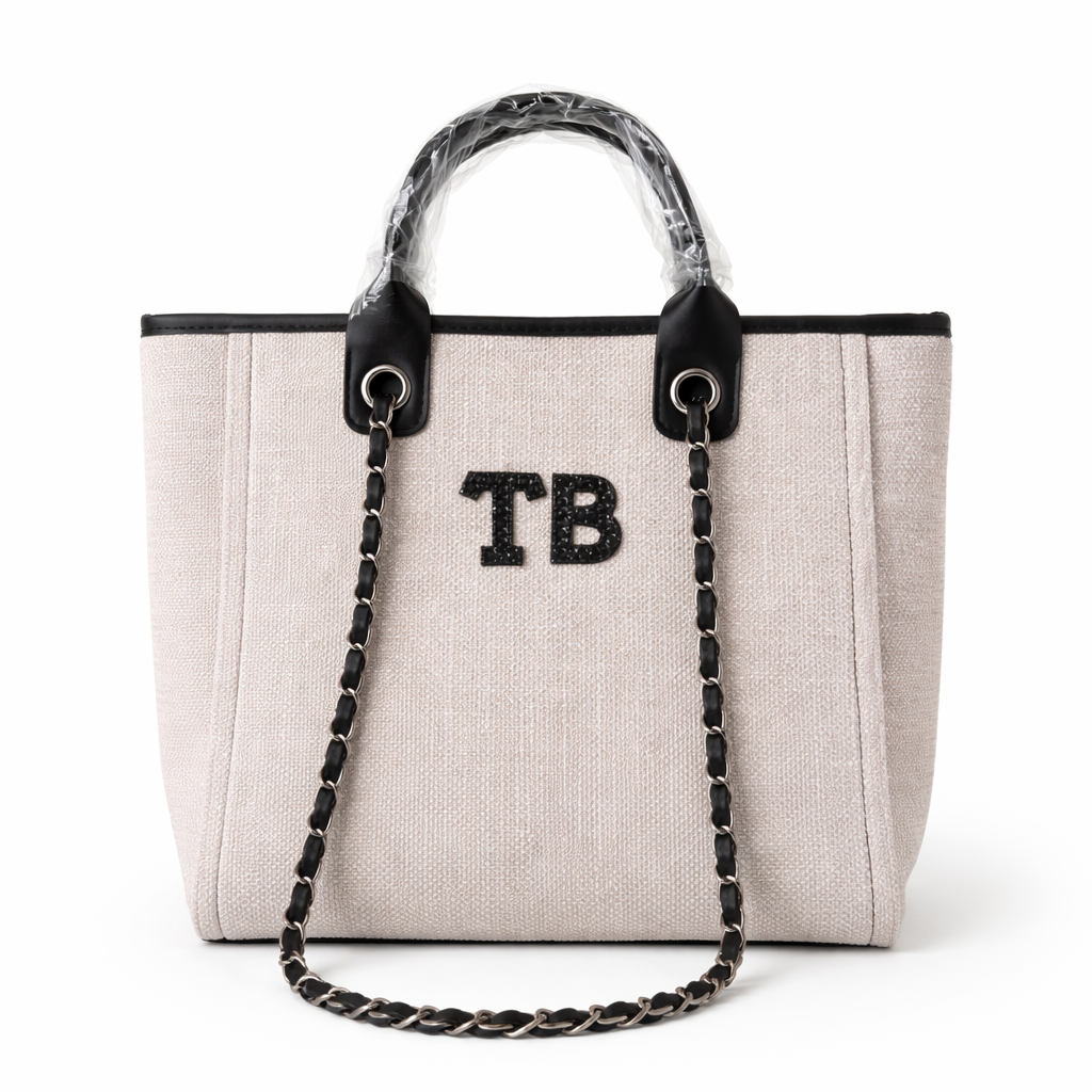 Personalised Matte Black Pearl Patch Chain Large Initial Tote Bags