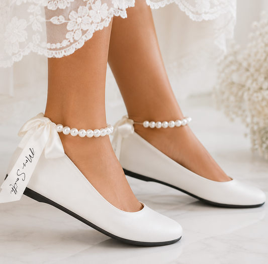 Ivory pearl-embellished bridal pump flat shoes | Cloth'N'Card