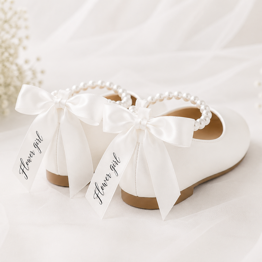 Personalised childrens pearl pumps flower girl shoes | Cloth'N'Card