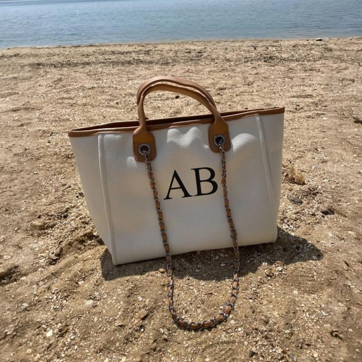 Personalised Cream & Tan Large Chain Initial Tote Bag