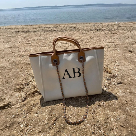 Personalised Cream & Tan Large Chain Initial Tote Bag