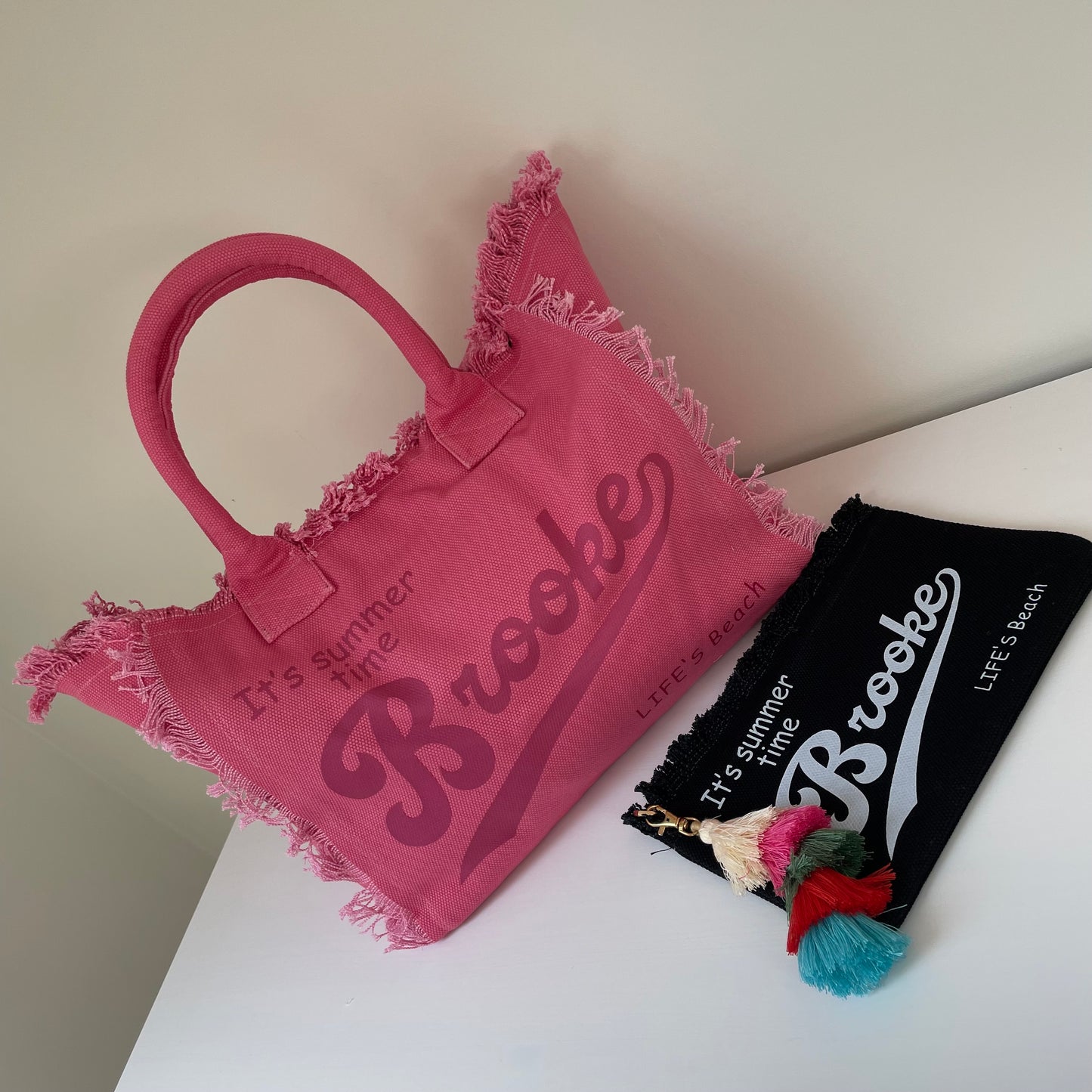 Personalised JADE Solid Colour Straw Fringe Shoulder Tote Beach Bag
