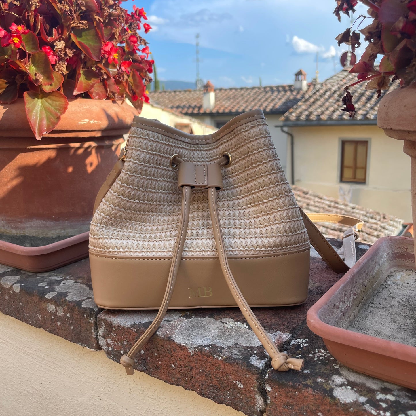 Personalised LEA Embossed Straw Drawstring Top Handle Bucket Bag