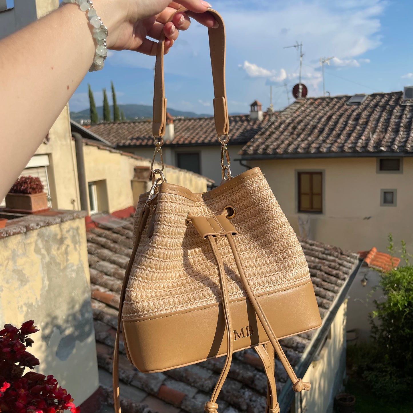 Personalised LEA Embossed Straw Drawstring Top Handle Bucket Bag