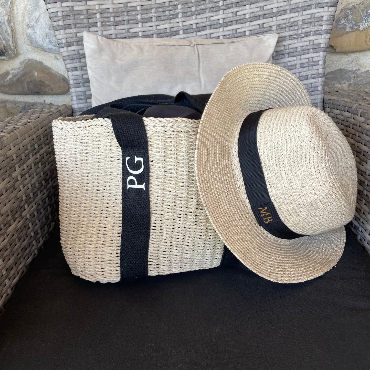 Personalised GRACE Straw Wicker Black Ribbon Drawstring Beach Bag