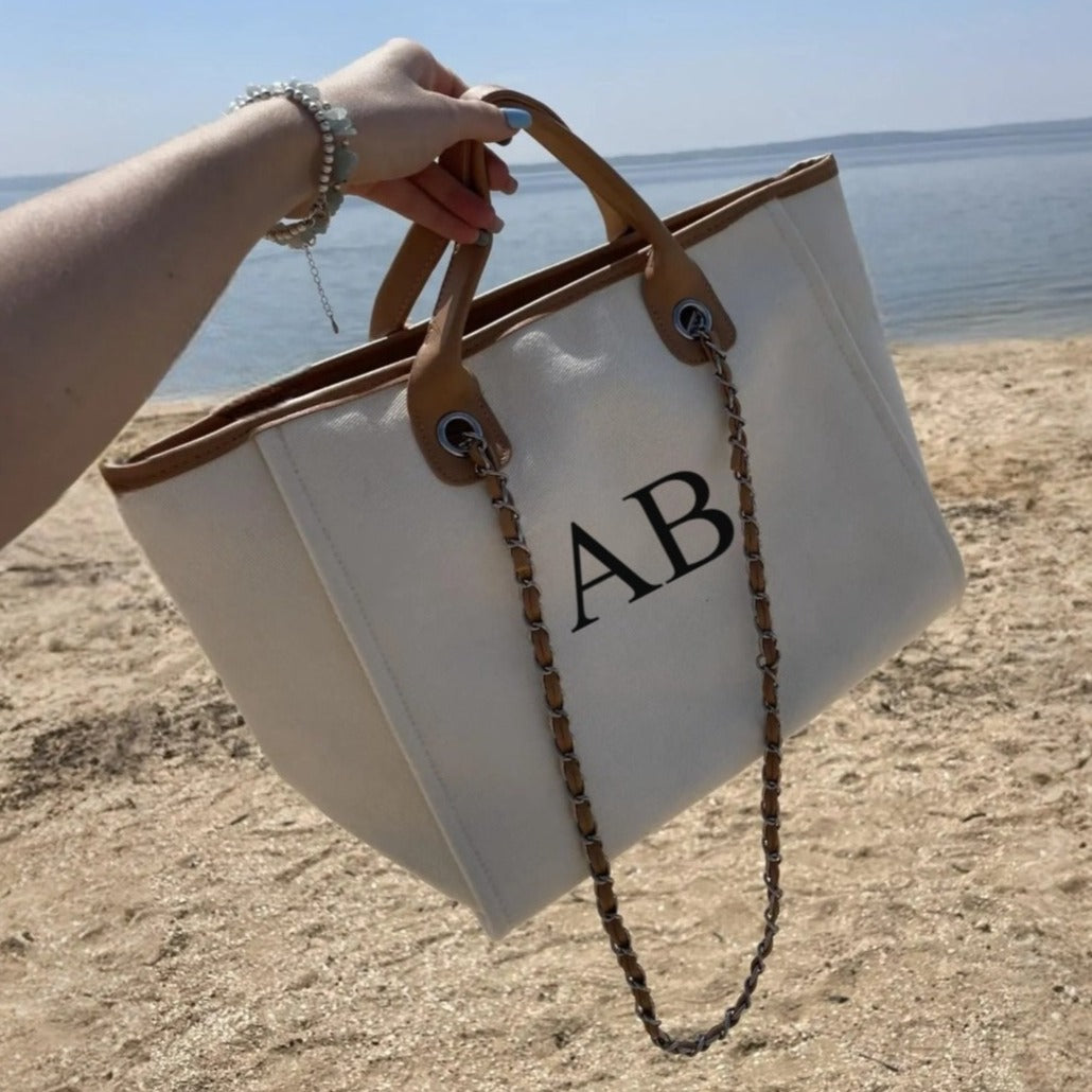 Personalised Cream & Tan Large Chain Initial Tote Bag