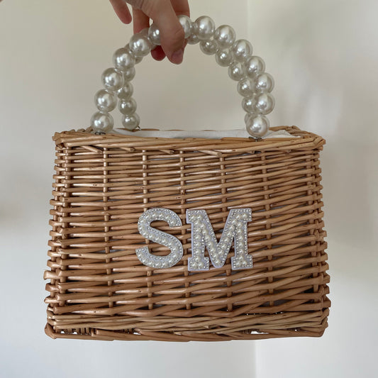 Personalised Pearl Handle Wicker Basket Bag