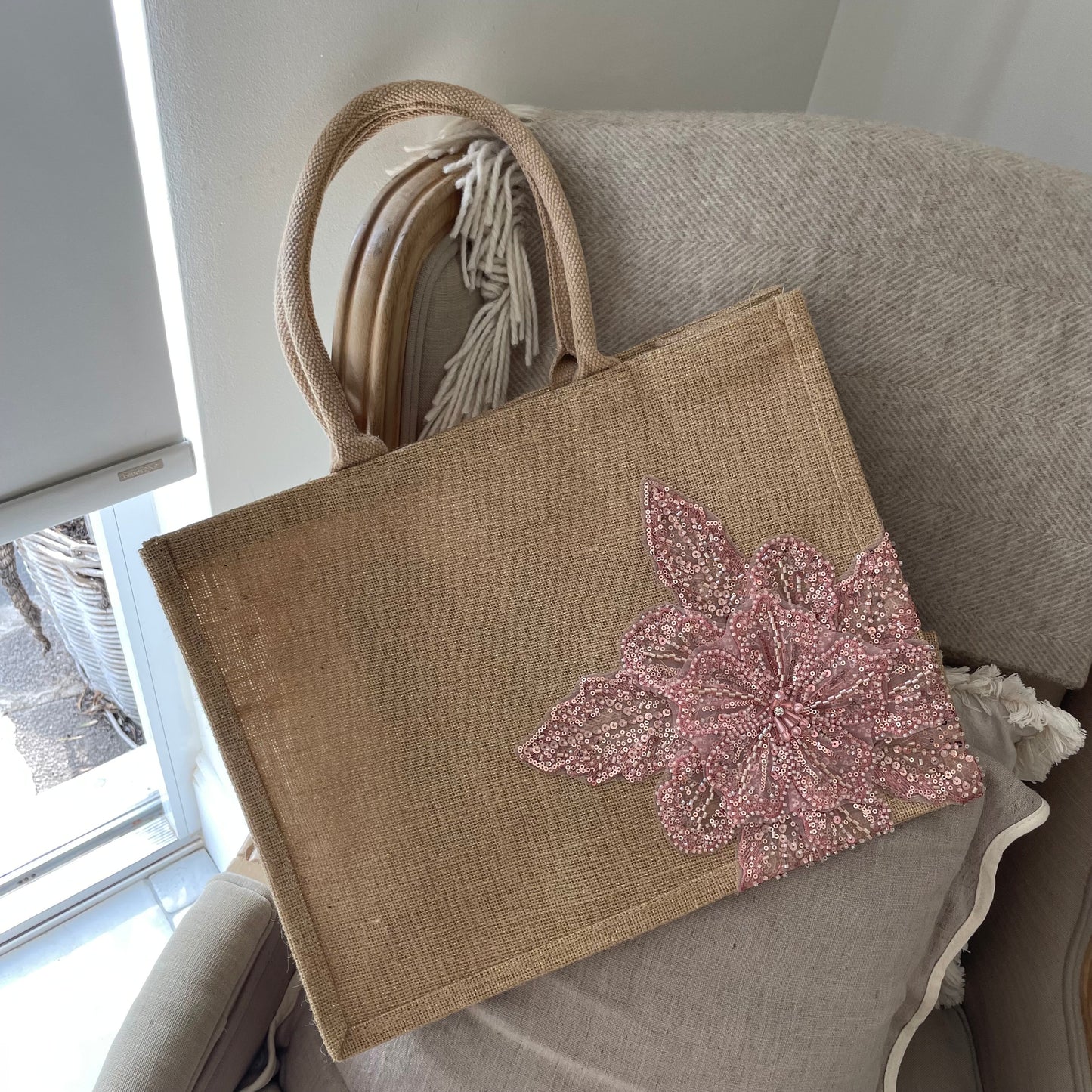Flower Jute Tote Bag