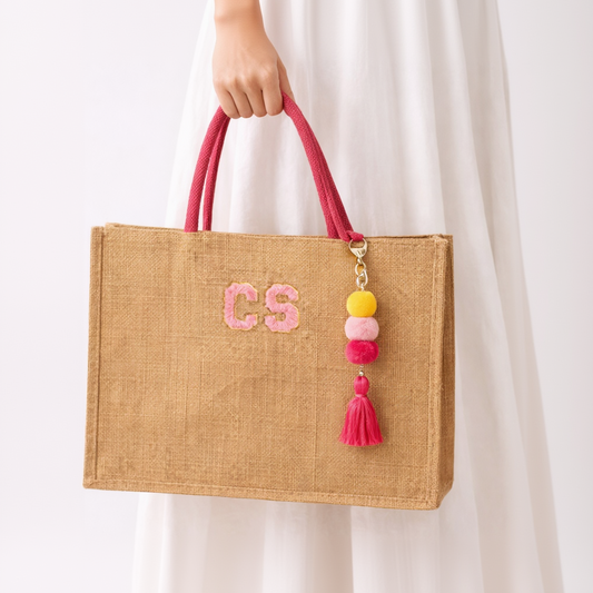 Personalised Square Jute Pom Pom Shoulder Beach Shopper Tote Bag