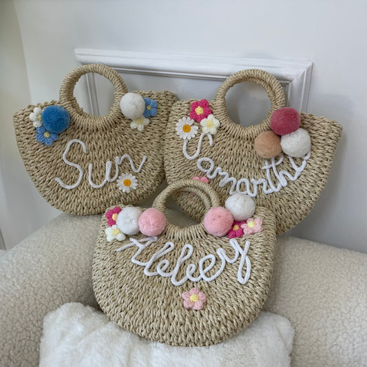 Personalised Large ADA Pom Pom Handle Straw Half Moon Basket Bag