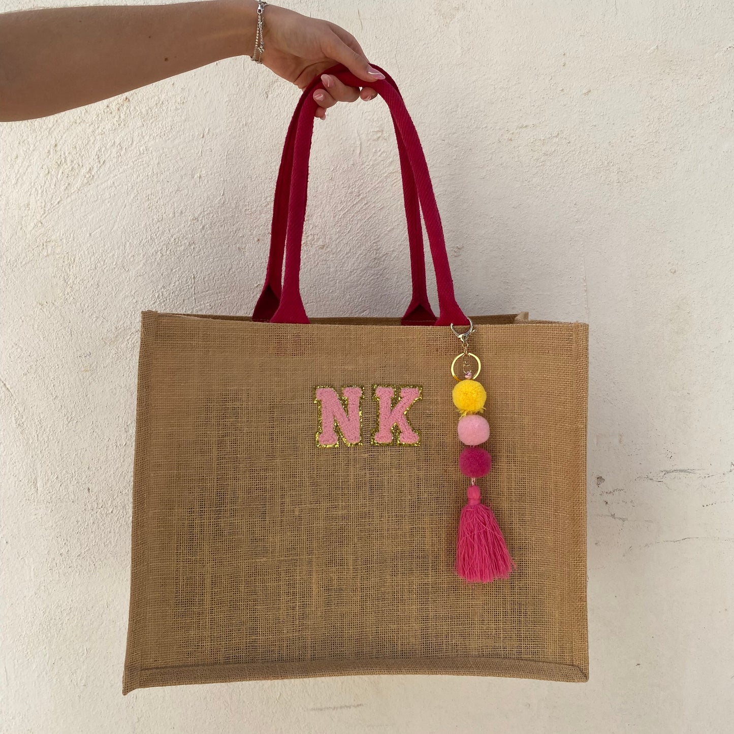 Personalised Square Jute Pom Pom Shoulder Beach Shopper Tote Bag