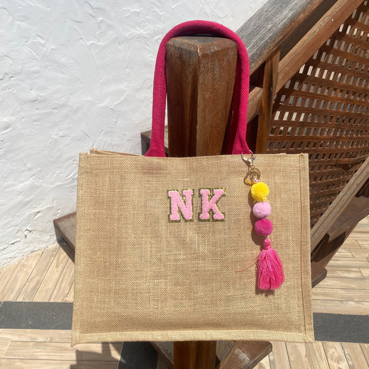 Personalised Square Jute Pom Pom Shoulder Beach Shopper Tote Bag