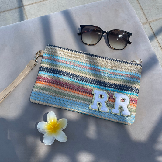 Personalised Rainbow Stripe Clutch Bag Woven Pouch Summer Vacation Holiday Festival Rave