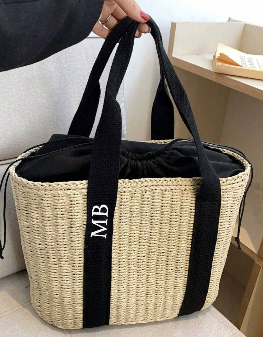 Personalised Straw Black Ribbon Drawstring Beach Bag
