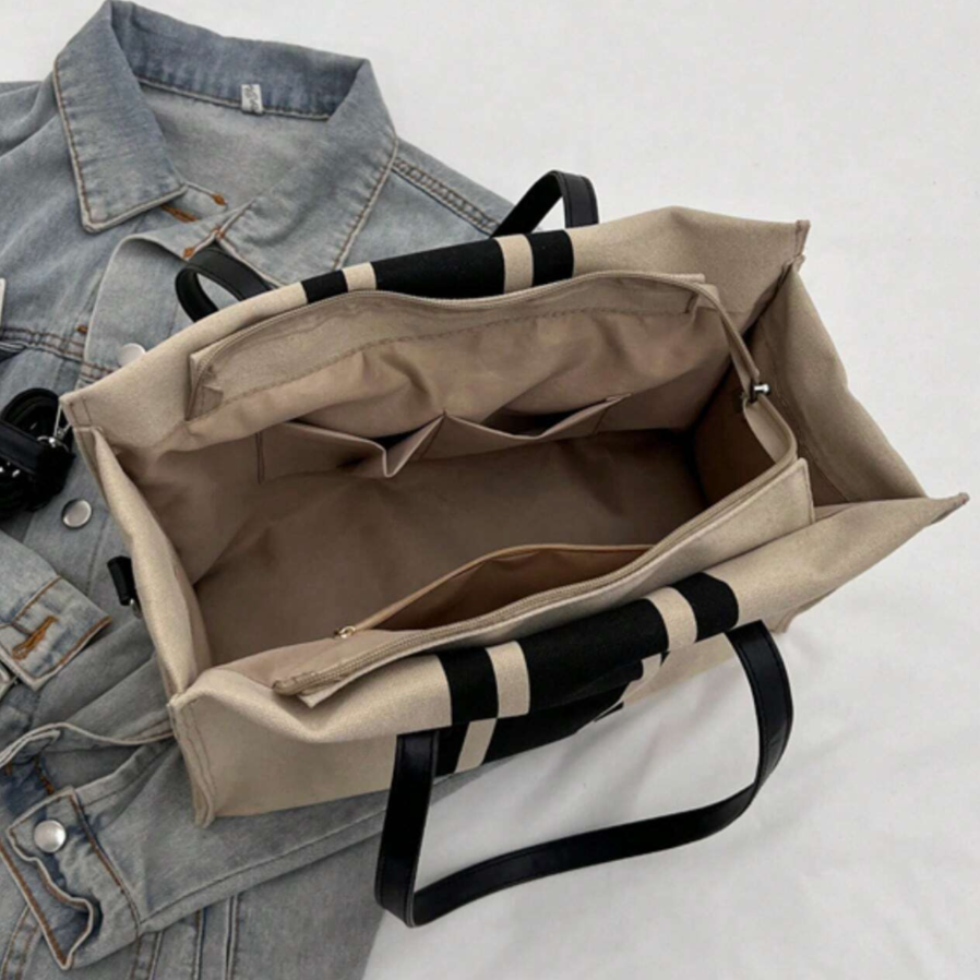 Personalised KENZAH Black Tote Stripe Shoulder Bag
