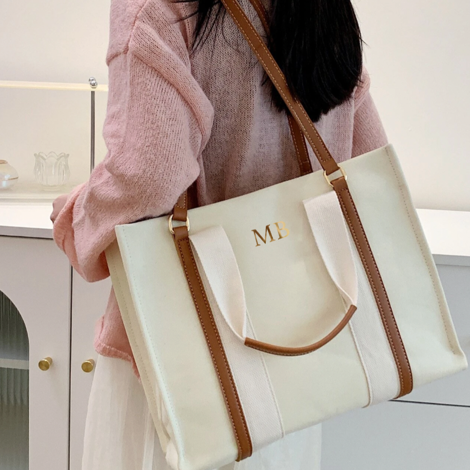 Personalised Canvas Brown Strap Tote Double Strap Shoulder Bag