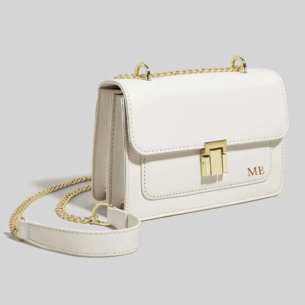 Personalised White Faux Leather Chain Shoulder Cross Body Bag