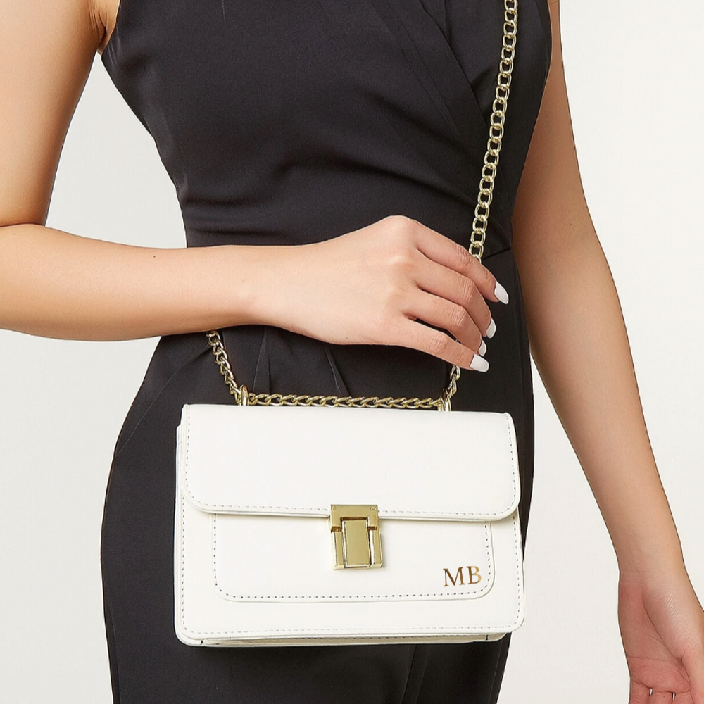 Personalised White Faux Leather Chain Shoulder Cross Body Bag