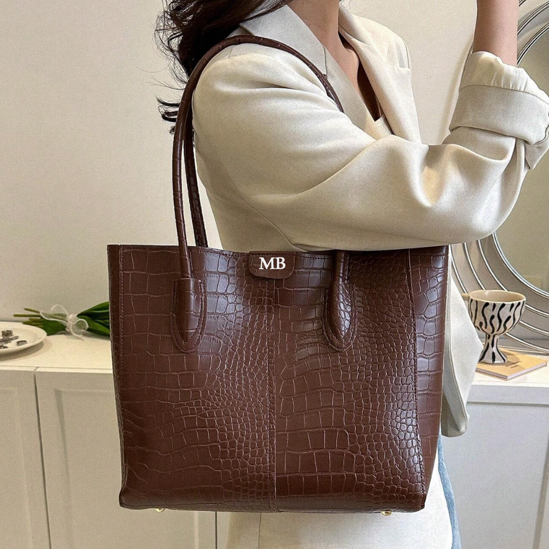 Personalised Faux Croc Leather Shoulder Tote Bag