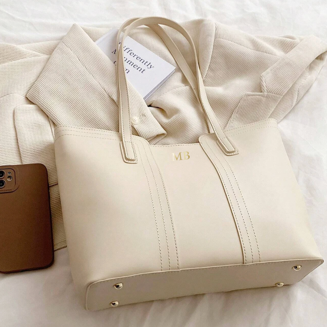 Personalised Ivory Large Faux Leather Tote Bag