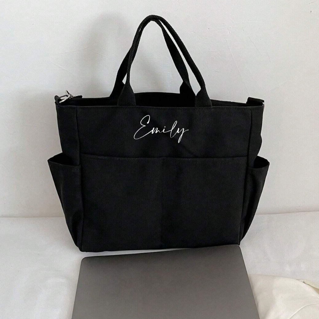 Personalised Black Pocket Cross Body Tote Bag