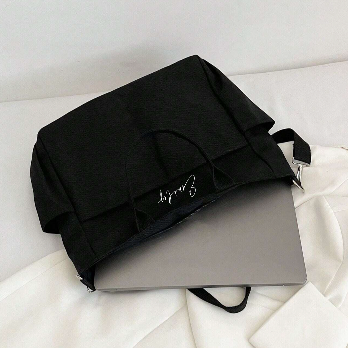 Personalised Black Pocket Cross Body Tote Bag