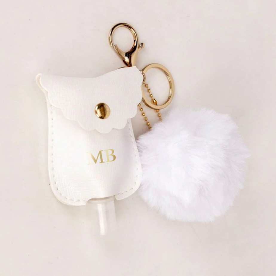 Personalised White Faux Leather Scallop Spray Bottle Pom Pom Key Charms