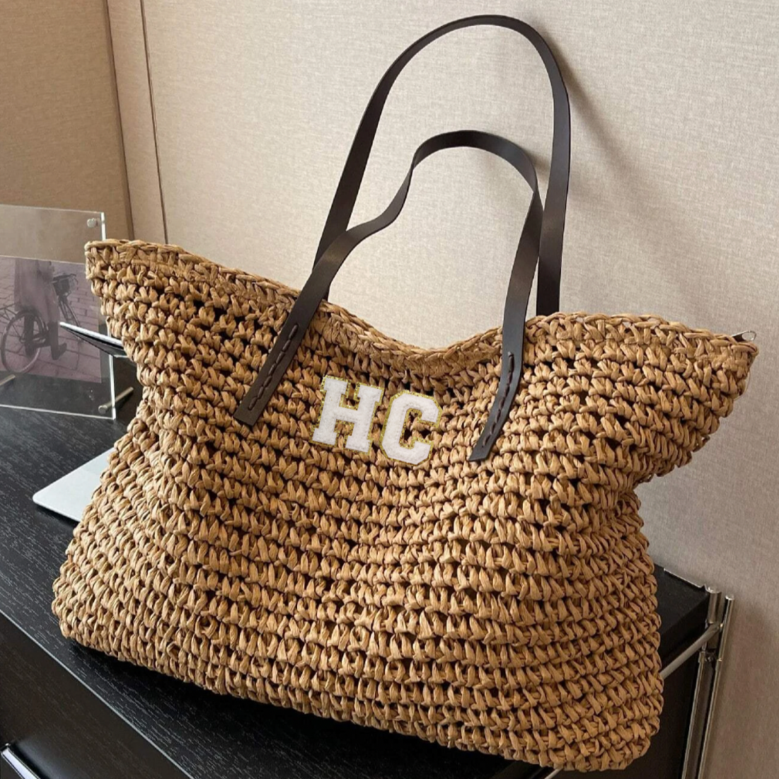 Personalised Patch Straw Tote Beach Shoulder Bag