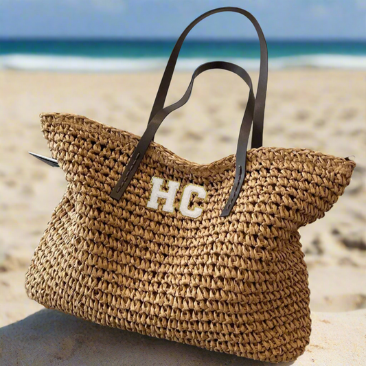 Personalised ASTRID Patch Straw Tote Beach Shoulder Bag