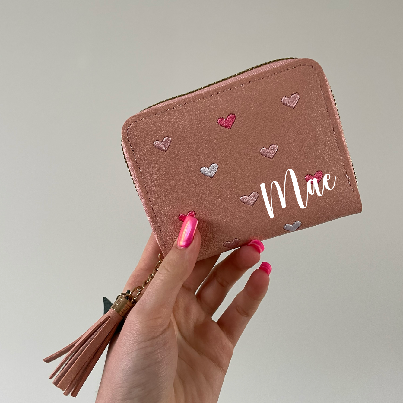 Personalised Pink Heart Girls Small Zip Purse Wallet