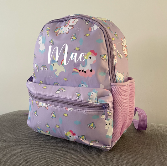 Personalised Childrens Girls Lilac Unicorn Backpack