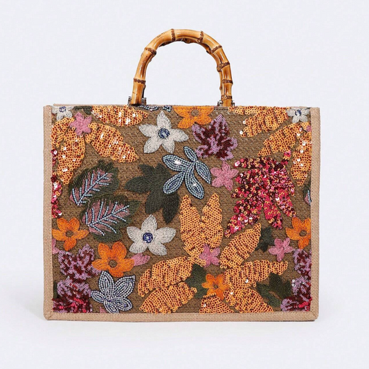 Personalised Orange Floral Sequin Patch Collection Tote Bag