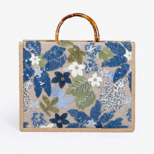 Personalised Blue Floral Sequin Patch Collection Tote Bag