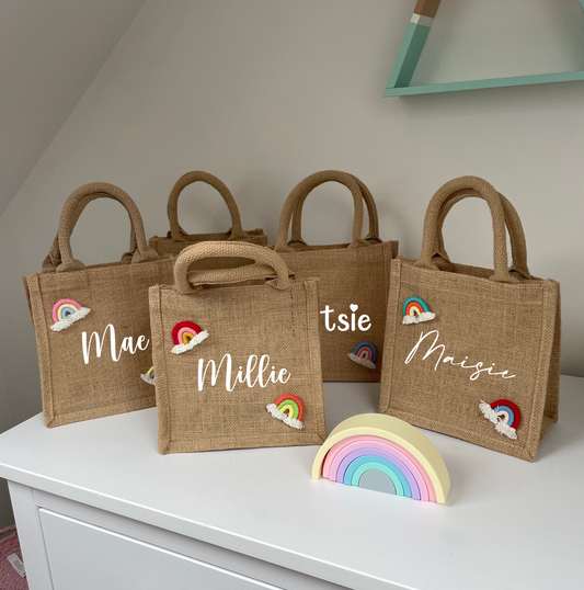 Personalised Rainbow Jute Lunch Top Handle Gift Bag