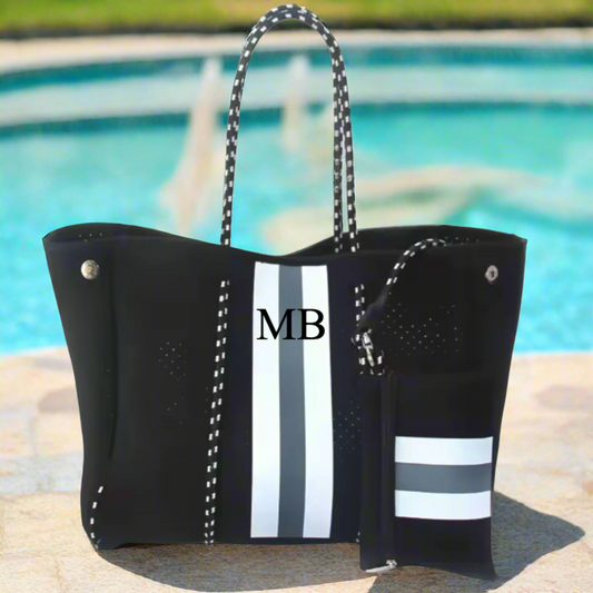 Personalised Neoprene Black Stripe Tote Bag & Pouch