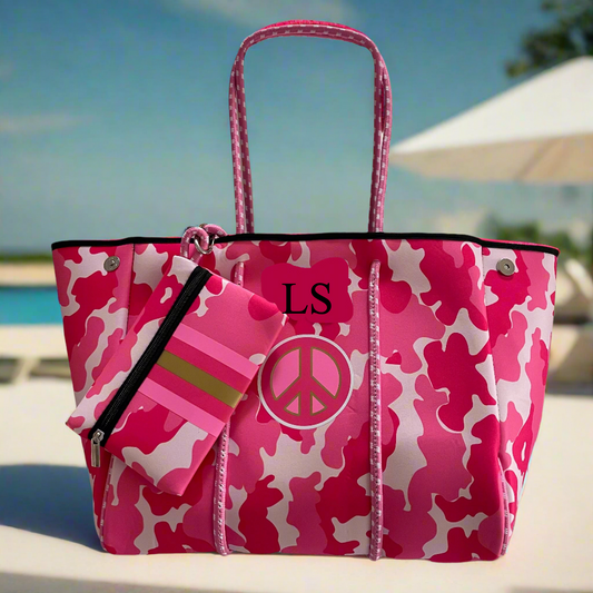 Personalised Pink Peace Camo Neoprene Patch Pink Tote Bag & Pouch