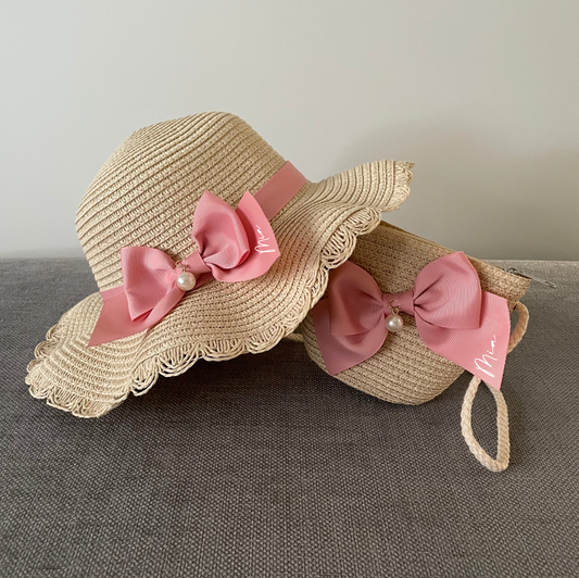 Personalised Childrens Pink Bow Sun Hat & Bag Set