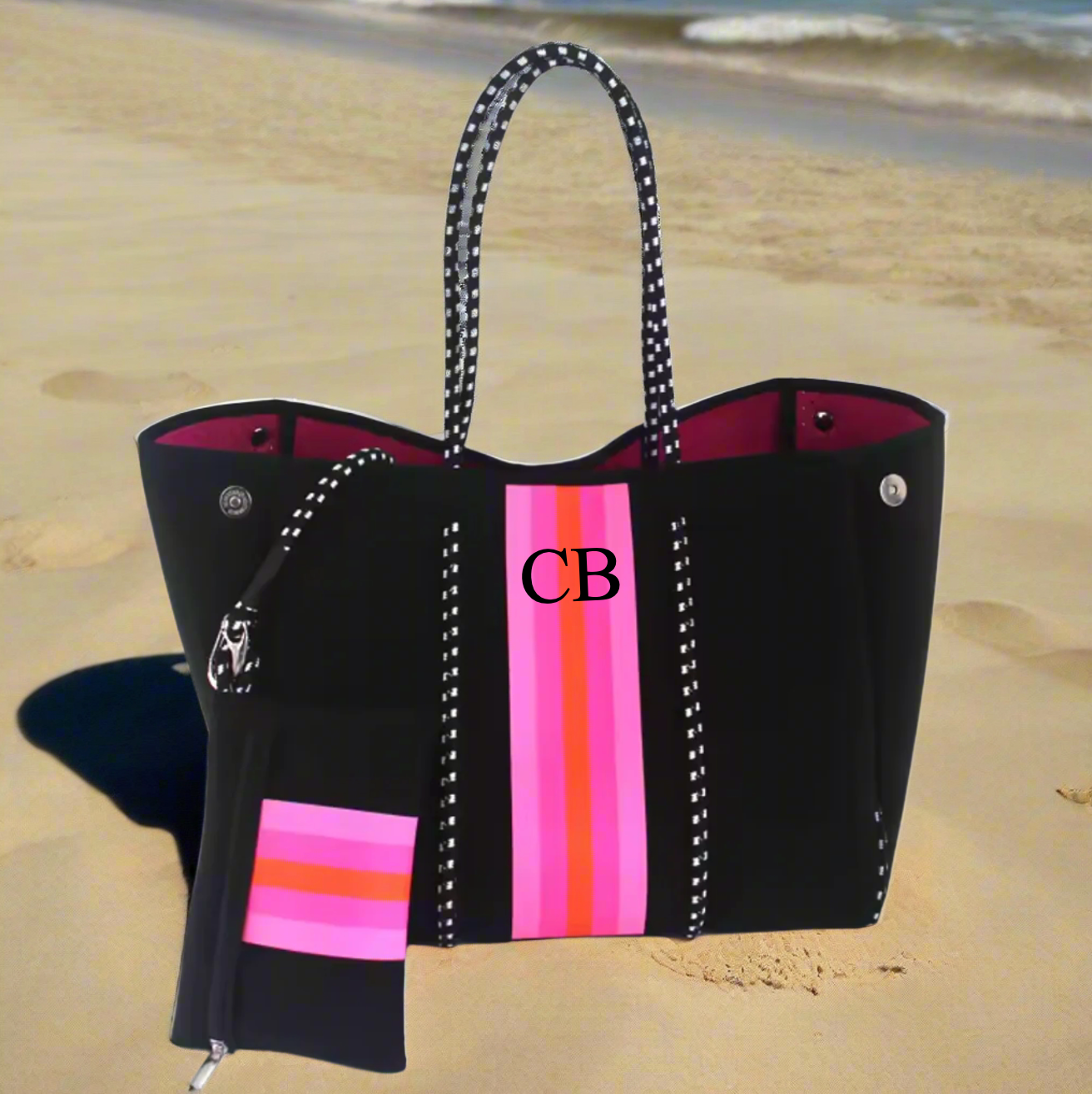 Personalised Black & Pink Stripe Neoprene Tote Bag & Pouch