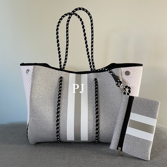 Personalised Grey Stripe Neoprene Tote Bag & Pouch