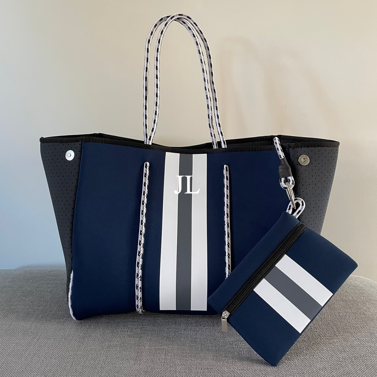 Personalised Navy Stripe Neoprene Tote Bag & Pouch